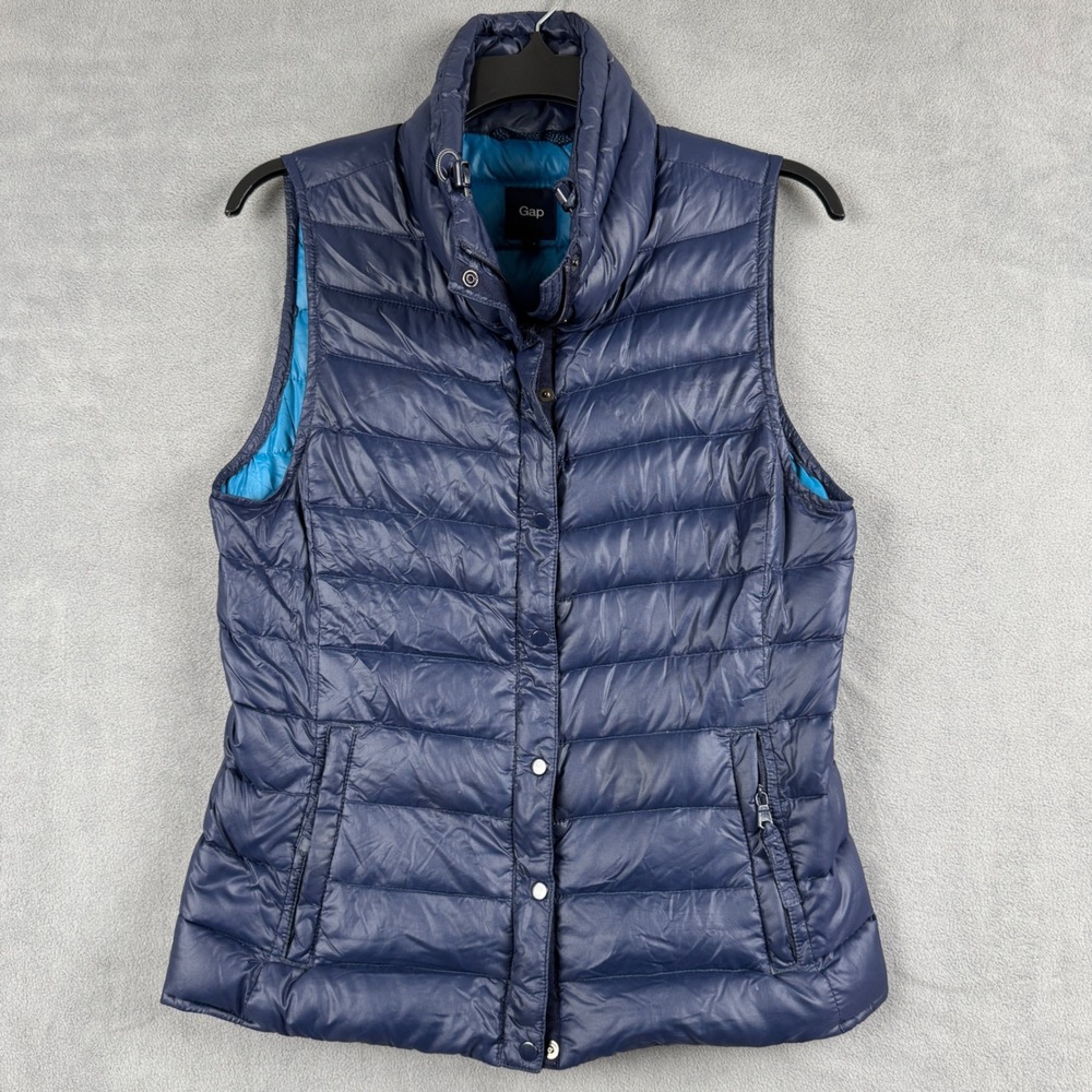 Gap Womens Navy Blue Down Puffer Vest Quilted Full Zip Snap Small RN 54023